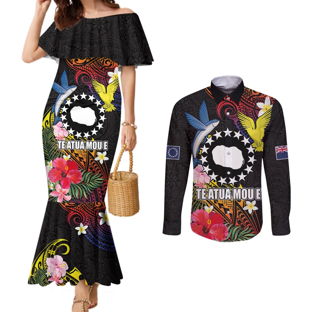 Cook Islands Independence Day Couples Matching Mermaid Dress and Long Sleeve Button Shirt Maroro and Kakaia with Hibiscus Flower Polynesian Pattern