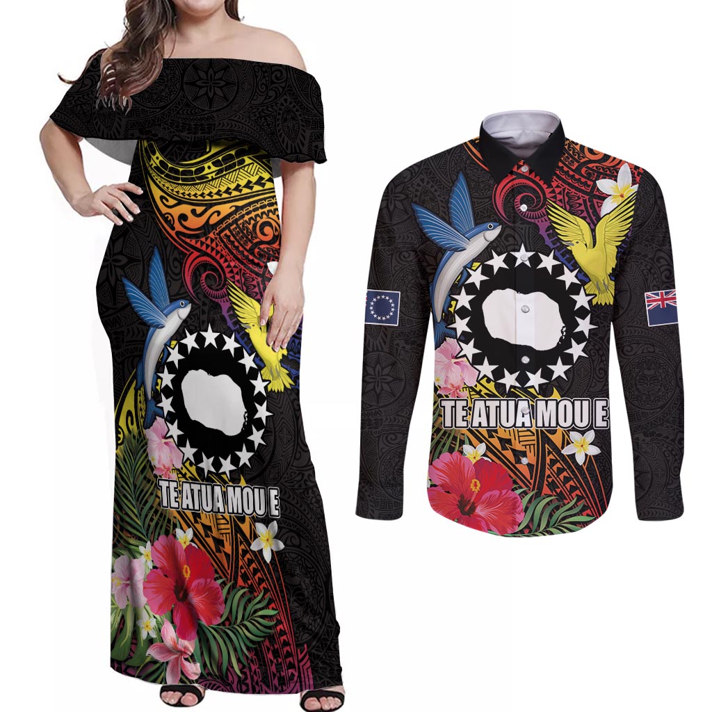 Cook Islands Independence Day Couples Matching Off Shoulder Maxi Dress and Long Sleeve Button Shirt Maroro and Kakaia with Hibiscus Flower Polynesian Pattern