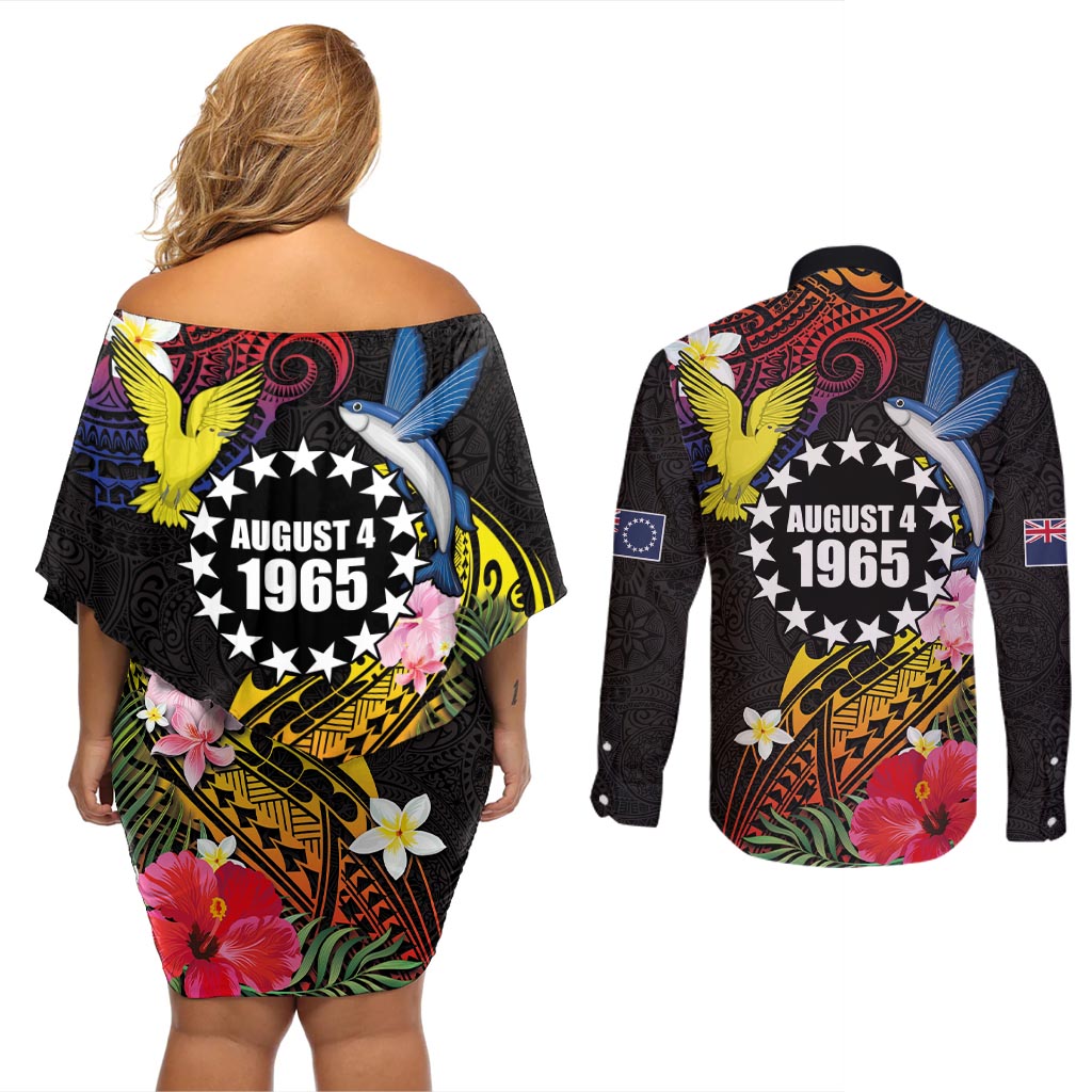 Cook Islands Independence Day Couples Matching Off Shoulder Short Dress and Long Sleeve Button Shirt Maroro and Kakaia with Hibiscus Flower Polynesian Pattern