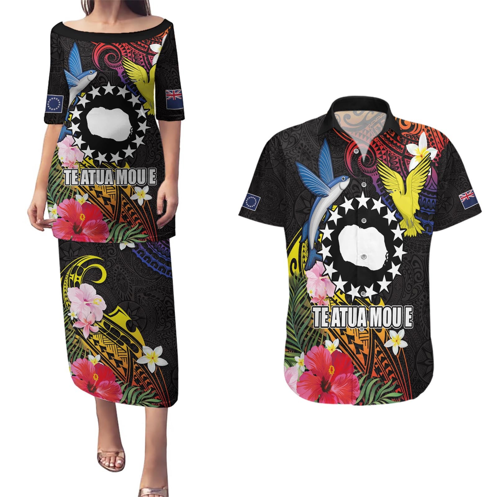 Cook Islands Independence Day Couples Matching Puletasi and Hawaiian Shirt Maroro and Kakaia with Hibiscus Flower Polynesian Pattern