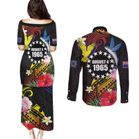 Cook Islands Independence Day Couples Matching Puletasi and Long Sleeve Button Shirt Maroro and Kakaia with Hibiscus Flower Polynesian Pattern