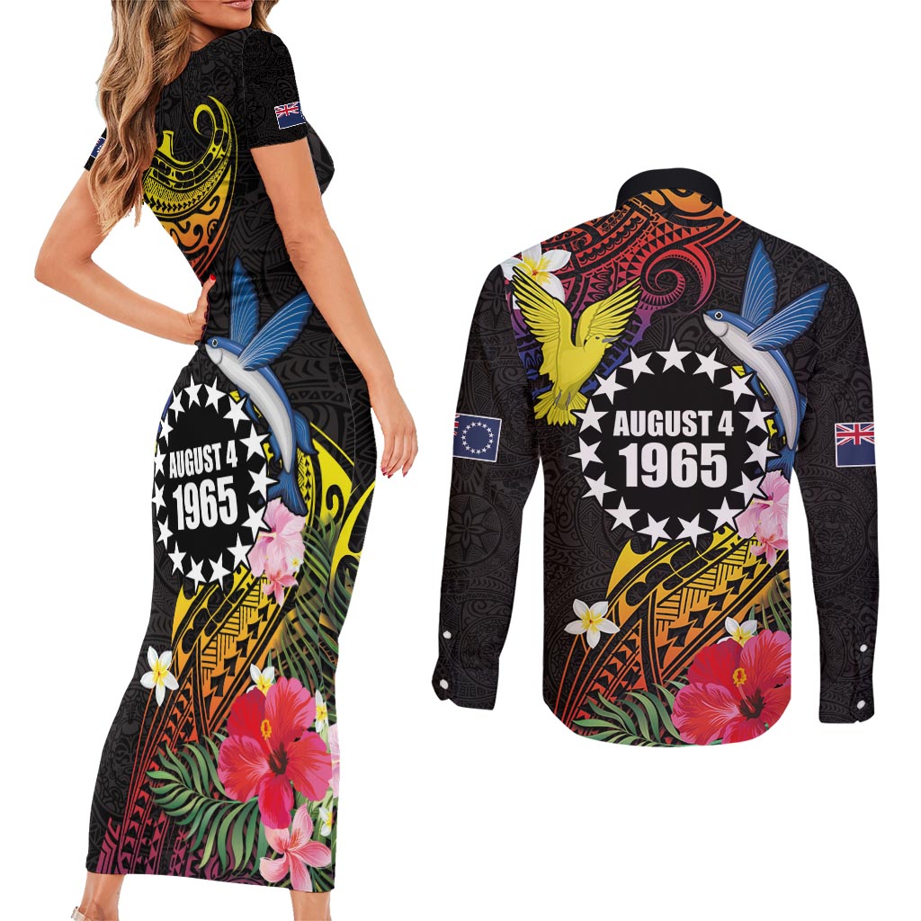 Cook Islands Independence Day Couples Matching Short Sleeve Bodycon Dress and Long Sleeve Button Shirt Maroro and Kakaia with Hibiscus Flower Polynesian Pattern