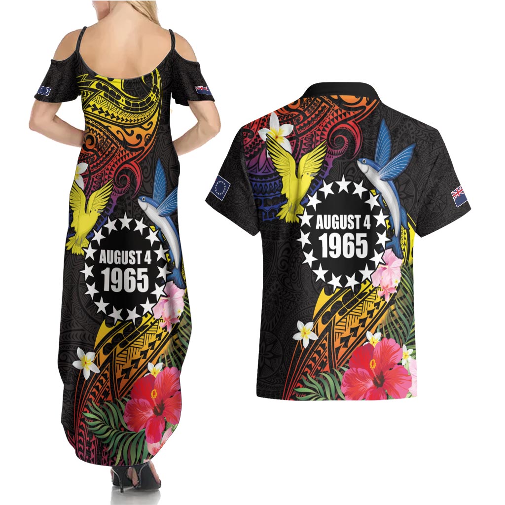 Cook Islands Independence Day Couples Matching Summer Maxi Dress and Hawaiian Shirt Maroro and Kakaia with Hibiscus Flower Polynesian Pattern