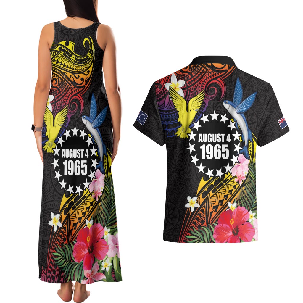 Cook Islands Independence Day Couples Matching Tank Maxi Dress and Hawaiian Shirt Maroro and Kakaia with Hibiscus Flower Polynesian Pattern