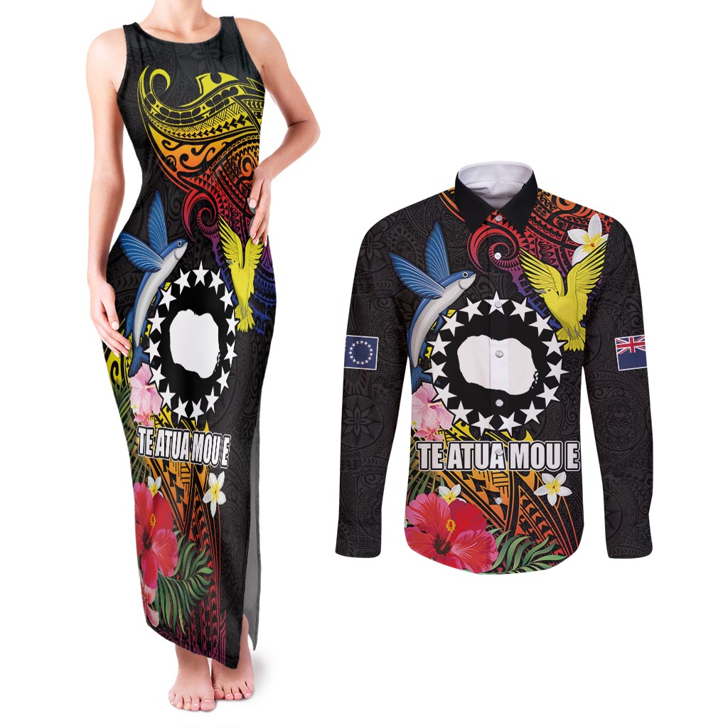 Cook Islands Independence Day Couples Matching Tank Maxi Dress and Long Sleeve Button Shirt Maroro and Kakaia with Hibiscus Flower Polynesian Pattern