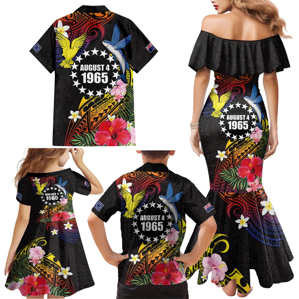 Cook Islands Independence Day Family Matching Mermaid Dress and Hawaiian Shirt Maroro and Kakaia with Hibiscus Flower Polynesian Pattern