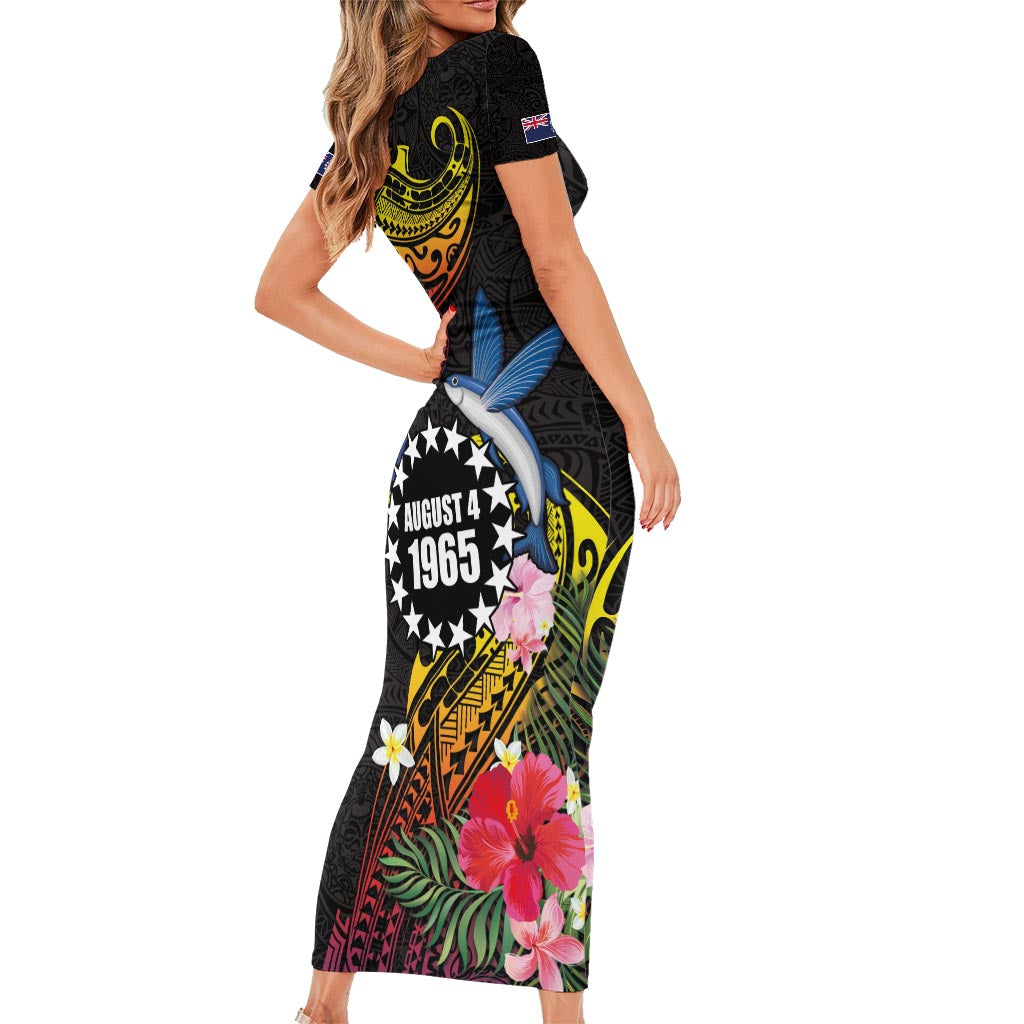 Cook Islands Independence Day Family Matching Short Sleeve Bodycon Dress and Hawaiian Shirt Maroro and Kakaia with Hibiscus Flower Polynesian Pattern