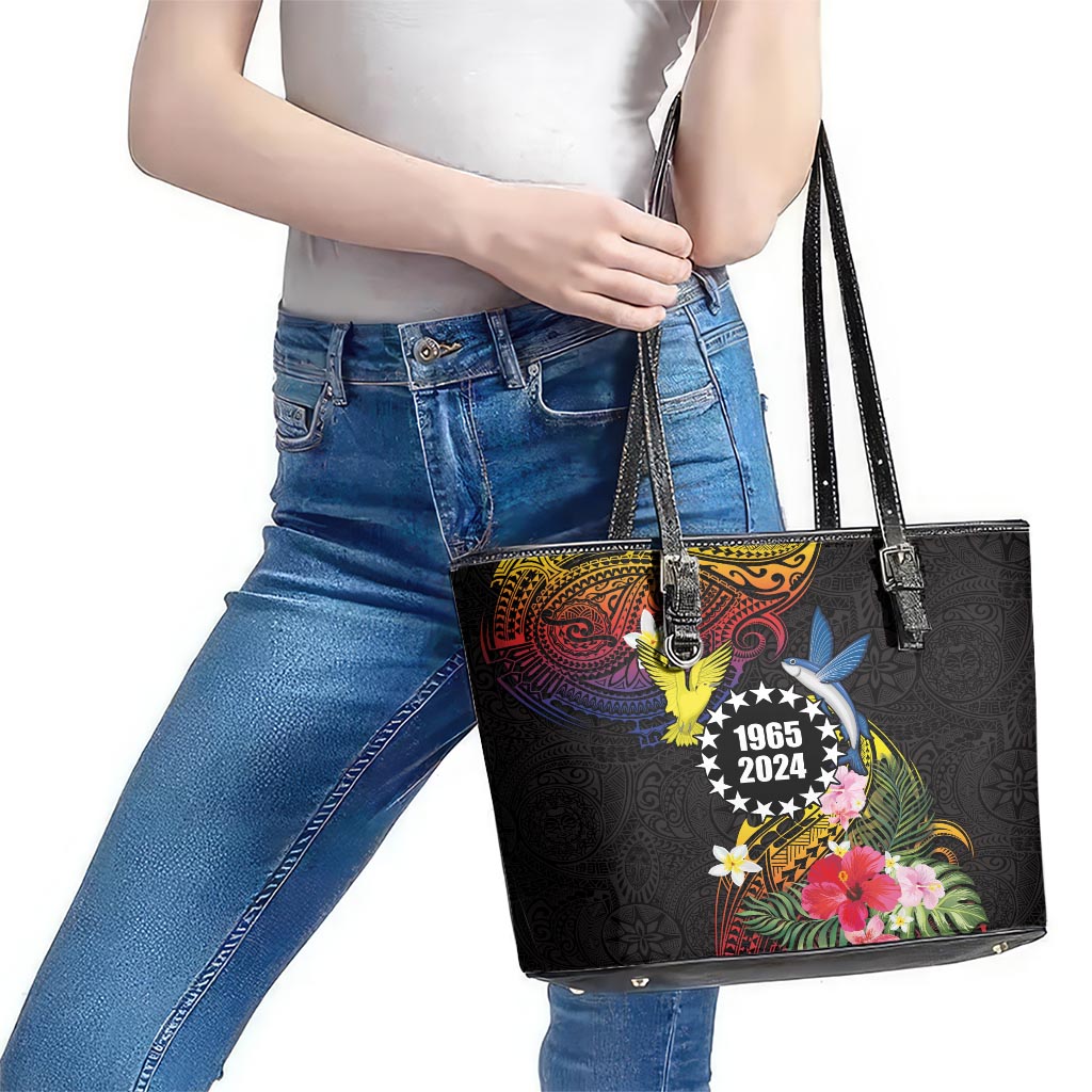Cook Islands Independence Day Leather Tote Bag Maroro and Kakaia with Hibiscus Flower Polynesian Pattern