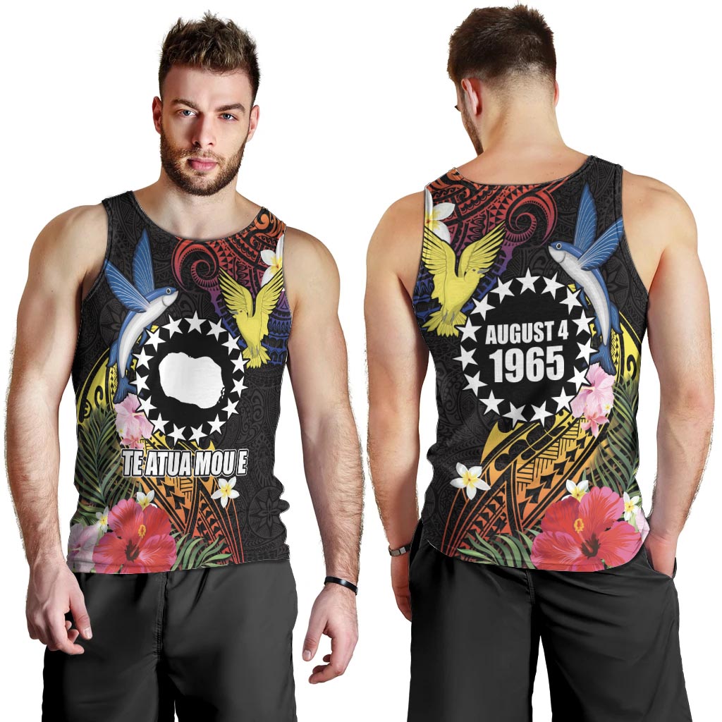 Cook Islands Independence Day Men Tank Top Maroro and Kakaia with Hibiscus Flower Polynesian Pattern