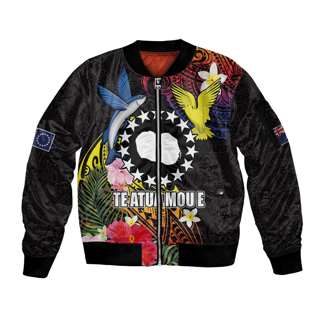 Cook Islands Independence Day Sleeve Zip Bomber Jacket Maroro and Kakaia with Hibiscus Flower Polynesian Pattern