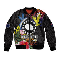 Cook Islands Independence Day Sleeve Zip Bomber Jacket Maroro and Kakaia with Hibiscus Flower Polynesian Pattern