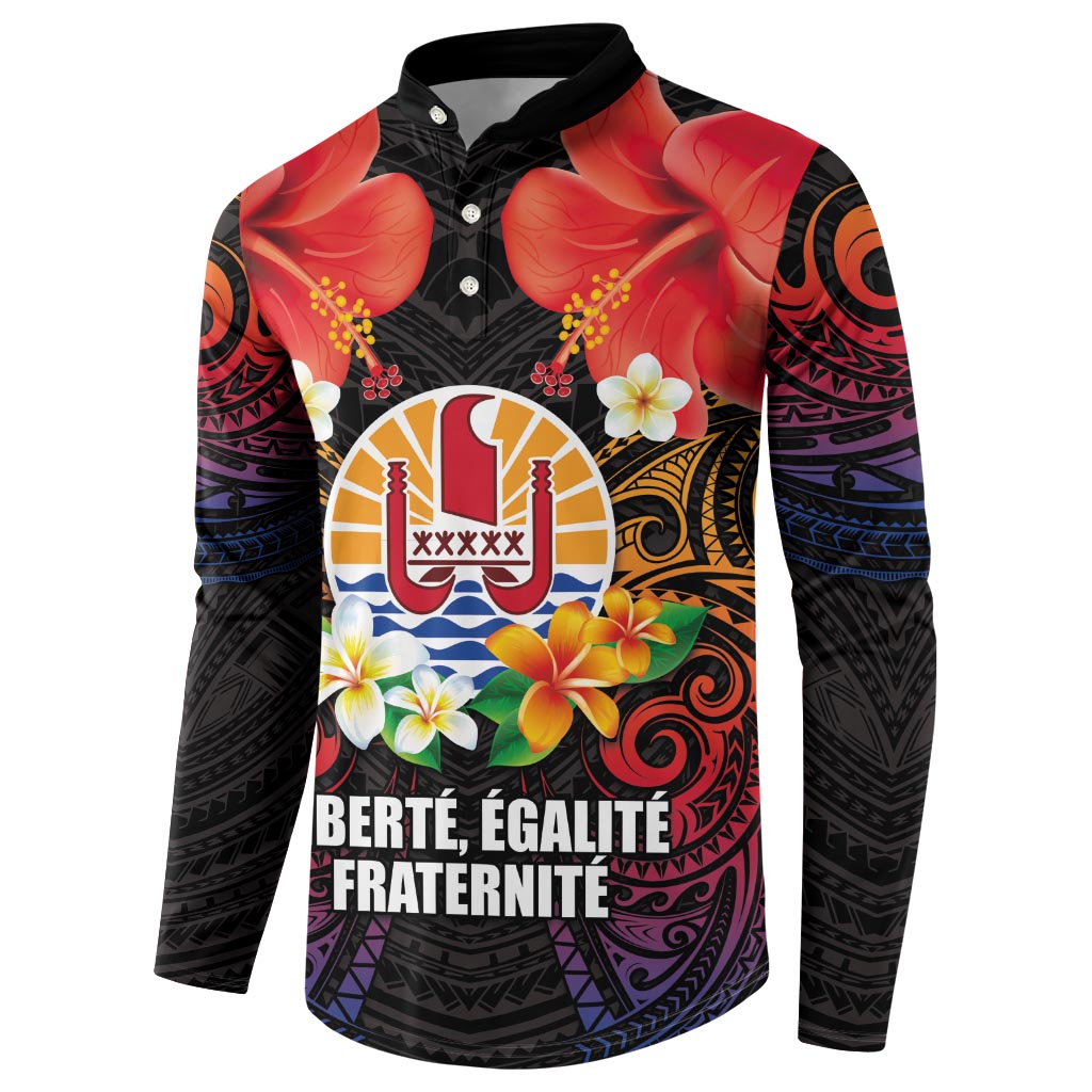 French Polynesia Bastille Day Button Sweatshirt Tiare Flower and National Seal Polynesian Pattern