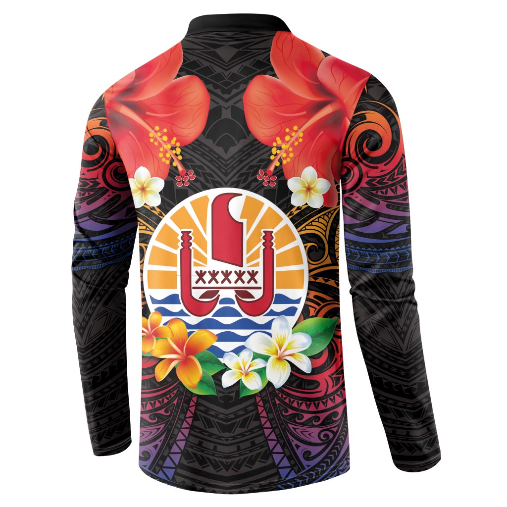 French Polynesia Bastille Day Button Sweatshirt Tiare Flower and National Seal Polynesian Pattern