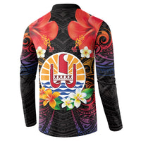 French Polynesia Bastille Day Button Sweatshirt Tiare Flower and National Seal Polynesian Pattern