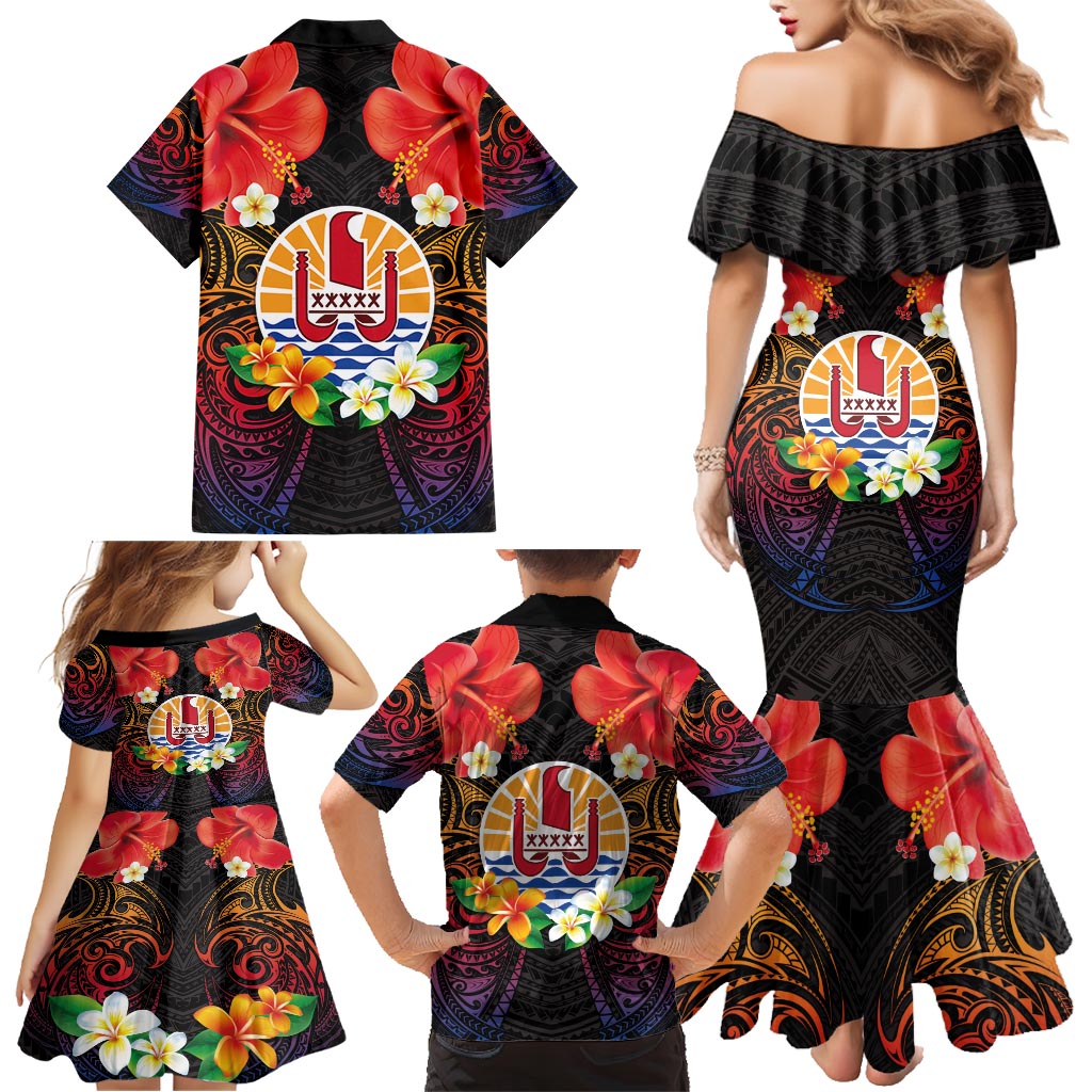French Polynesia Bastille Day Family Matching Mermaid Dress and Hawaiian Shirt Tiare Flower and National Seal Polynesian Pattern