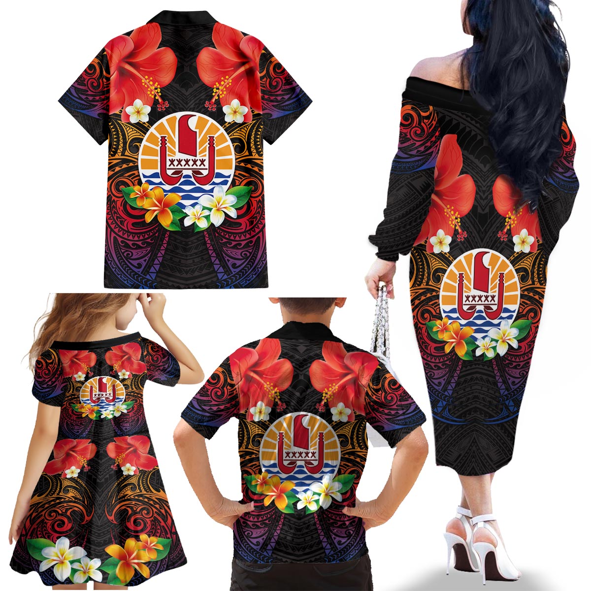 French Polynesia Bastille Day Family Matching Off The Shoulder Long Sleeve Dress and Hawaiian Shirt Tiare Flower and National Seal Polynesian Pattern