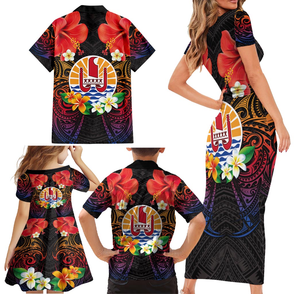 French Polynesia Bastille Day Family Matching Short Sleeve Bodycon Dress and Hawaiian Shirt Tiare Flower and National Seal Polynesian Pattern