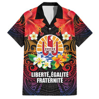 French Polynesia Bastille Day Family Matching Short Sleeve Bodycon Dress and Hawaiian Shirt Tiare Flower and National Seal Polynesian Pattern