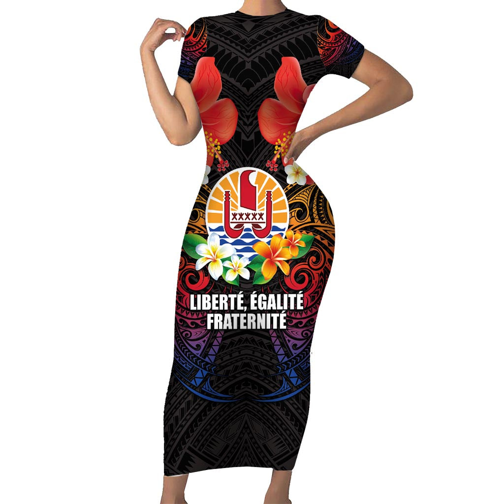 French Polynesia Bastille Day Family Matching Short Sleeve Bodycon Dress and Hawaiian Shirt Tiare Flower and National Seal Polynesian Pattern