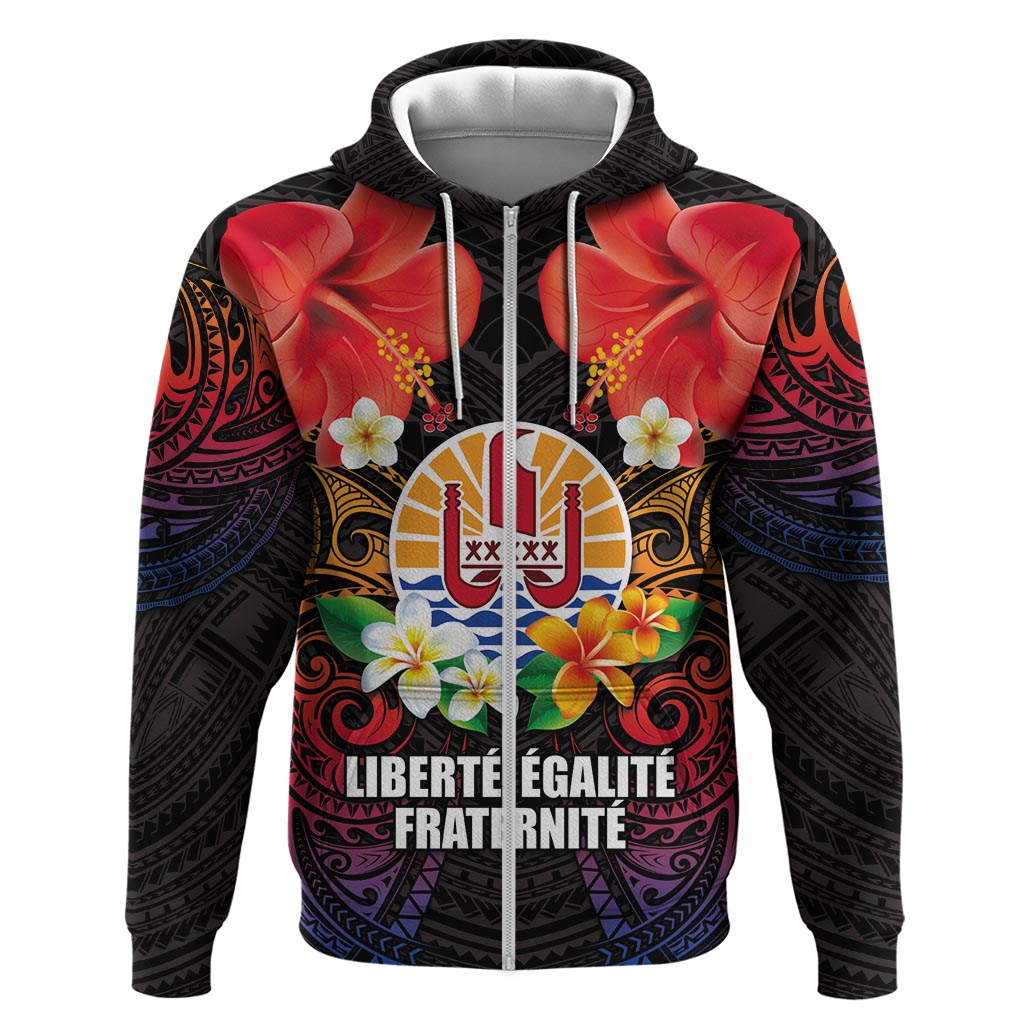 French Polynesia Bastille Day Hoodie Tiare Flower and National Seal Polynesian Pattern