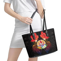 French Polynesia Bastille Day Leather Tote Bag Tiare Flower and National Seal Polynesian Pattern