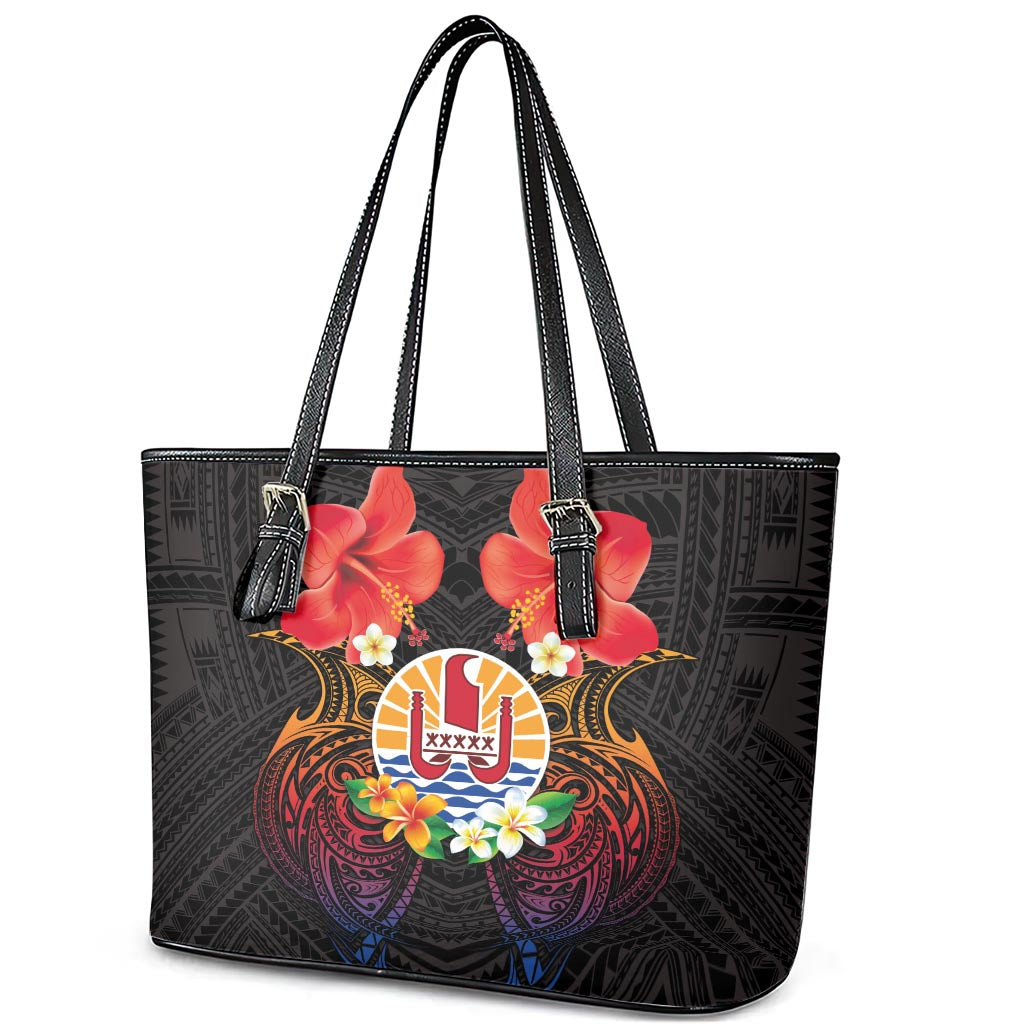 French Polynesia Bastille Day Leather Tote Bag Tiare Flower and National Seal Polynesian Pattern