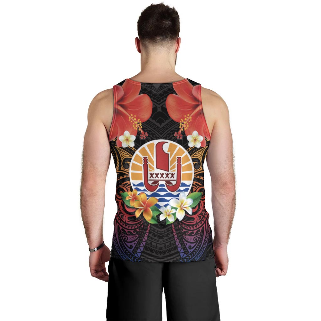 French Polynesia Bastille Day Men Tank Top Tiare Flower and National Seal Polynesian Pattern