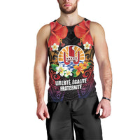 French Polynesia Bastille Day Men Tank Top Tiare Flower and National Seal Polynesian Pattern
