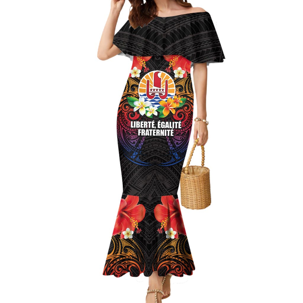 French Polynesia Bastille Day Mermaid Dress Tiare Flower and National Seal Polynesian Pattern