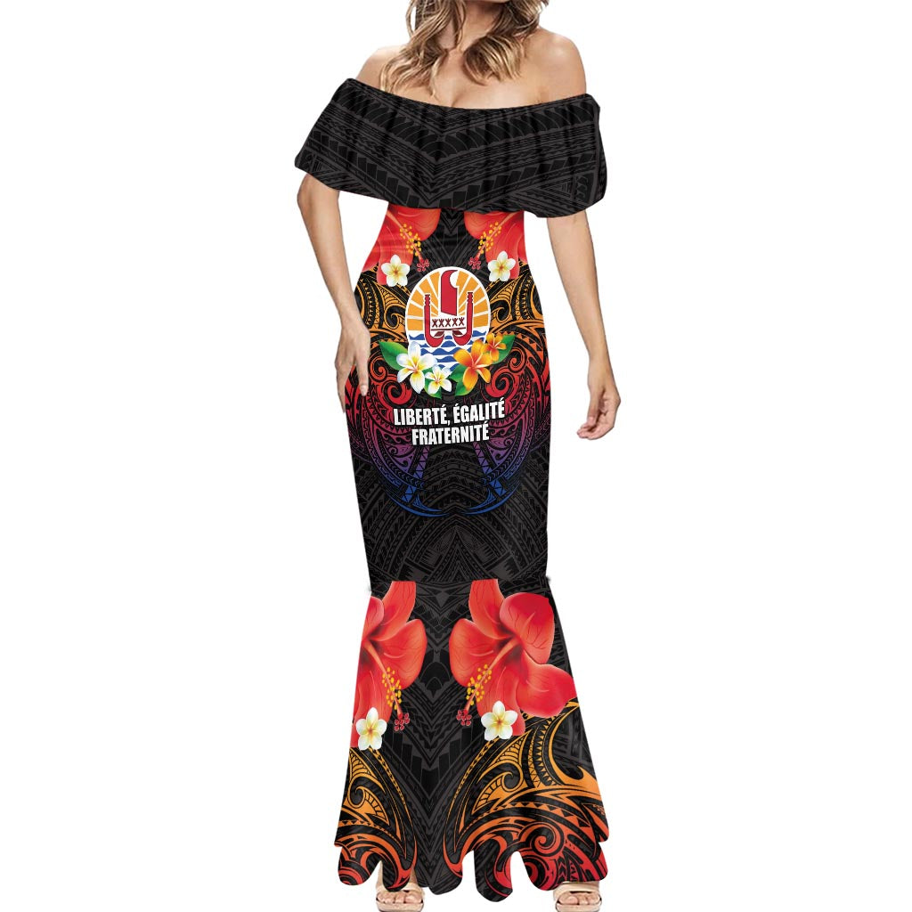 French Polynesia Bastille Day Mermaid Dress Tiare Flower and National Seal Polynesian Pattern