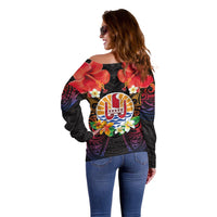 French Polynesia Bastille Day Off Shoulder Sweater Tiare Flower and National Seal Polynesian Pattern