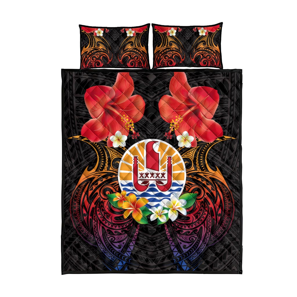 French Polynesia Bastille Day Quilt Bed Set Tiare Flower and National Seal Polynesian Pattern