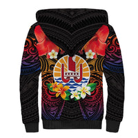 French Polynesia Bastille Day Sherpa Hoodie Tiare Flower and National Seal Polynesian Pattern