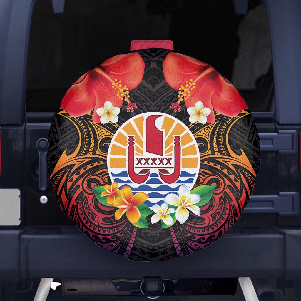 French Polynesia Bastille Day Spare Tire Cover Tiare Flower and National Seal Polynesian Pattern