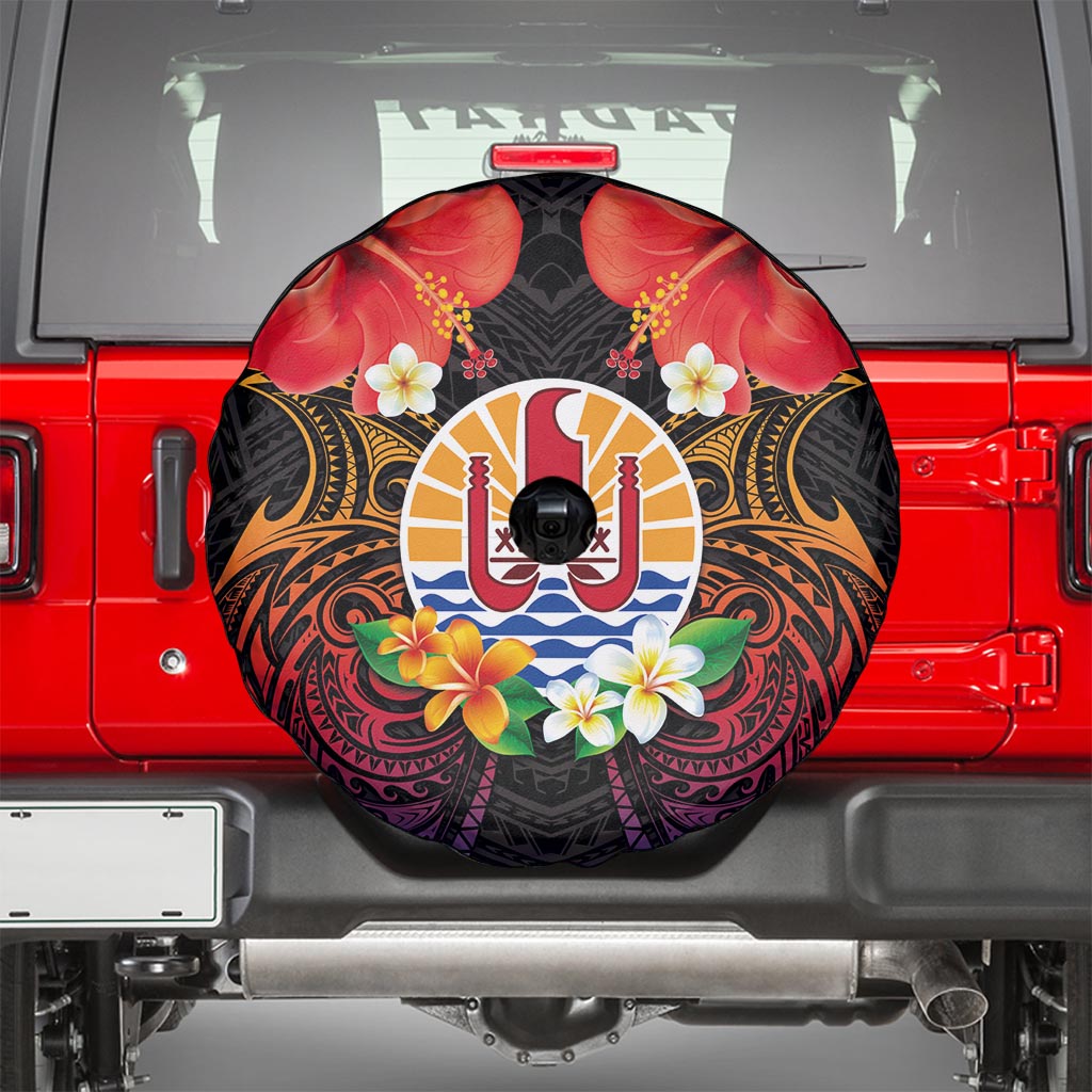 French Polynesia Bastille Day Spare Tire Cover Tiare Flower and National Seal Polynesian Pattern