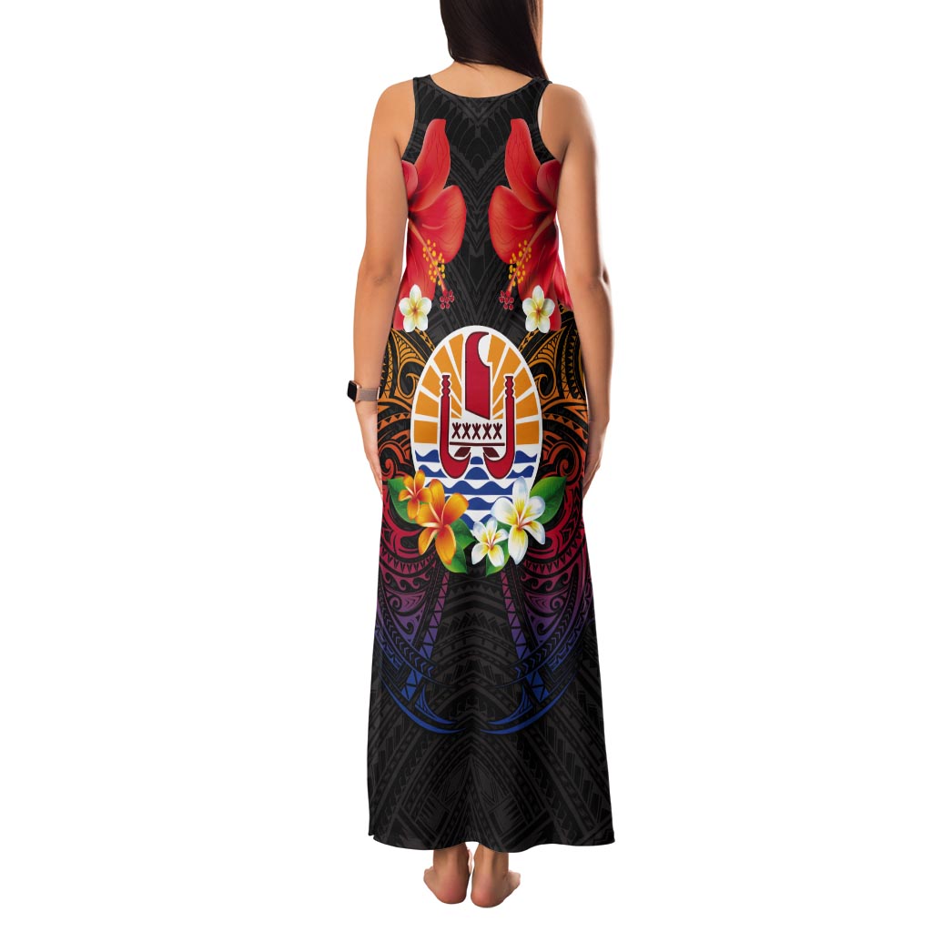 French Polynesia Bastille Day Tank Maxi Dress Tiare Flower and National Seal Polynesian Pattern
