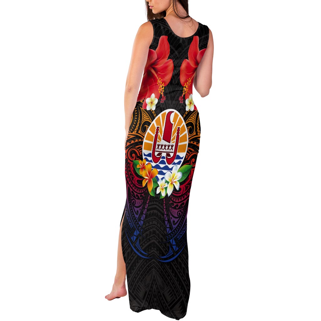 French Polynesia Bastille Day Tank Maxi Dress Tiare Flower and National Seal Polynesian Pattern