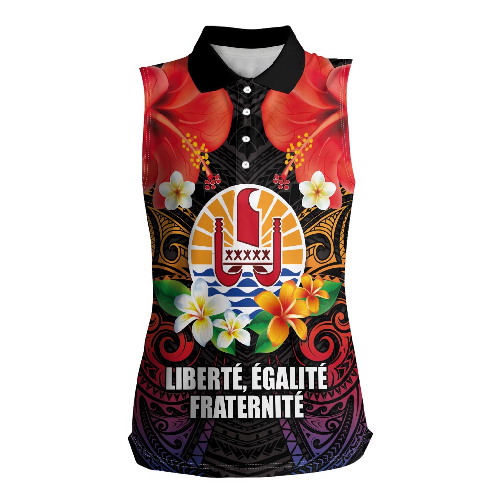 French Polynesia Bastille Day Women Sleeveless Polo Shirt Tiare Flower and National Seal Polynesian Pattern