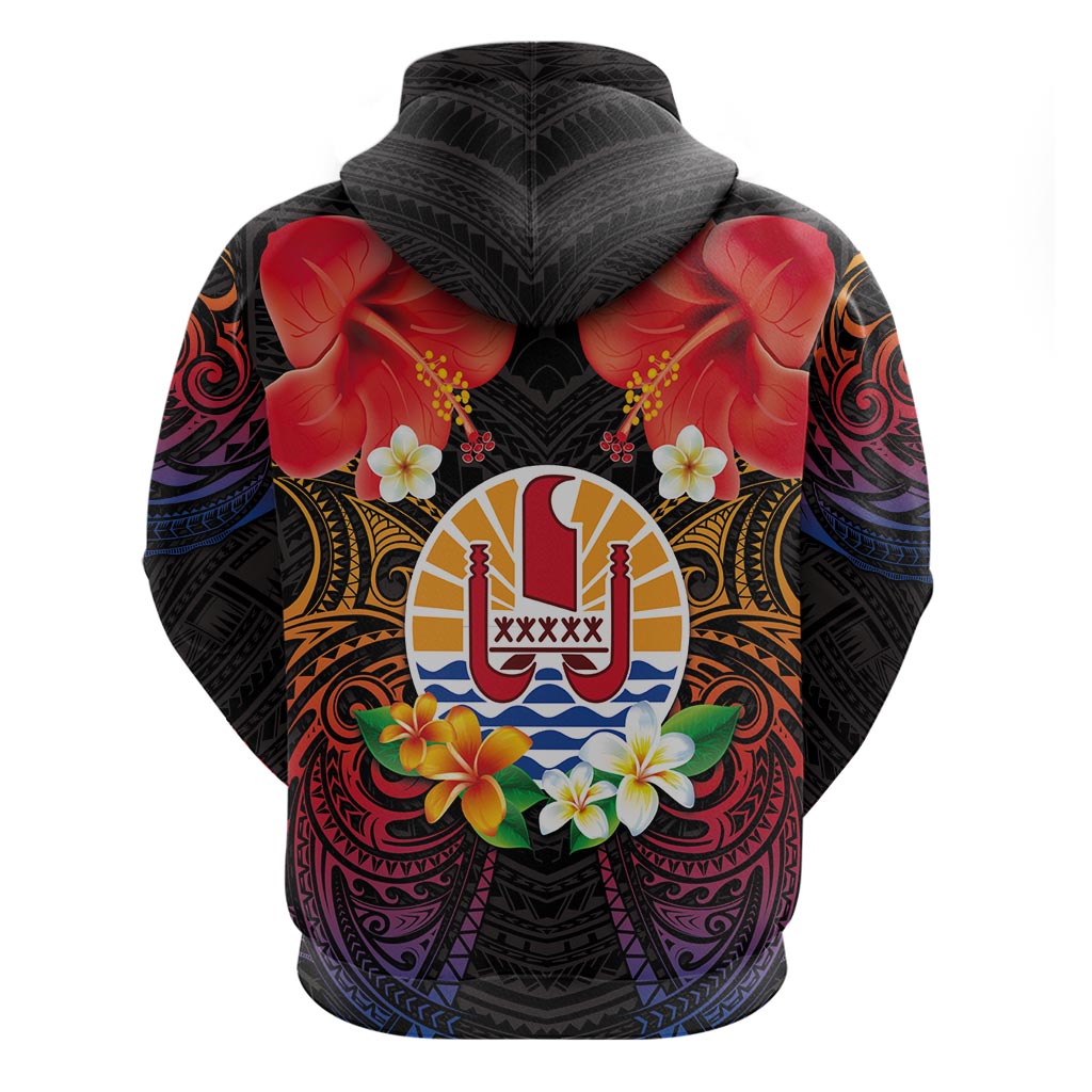 French Polynesia Bastille Day Zip Hoodie Tiare Flower and National Seal Polynesian Pattern