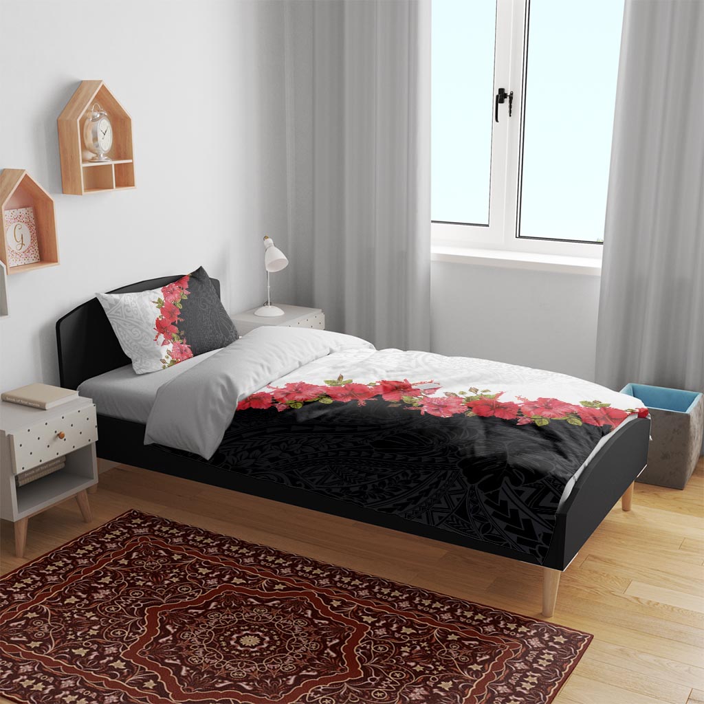 Hawaii Red Hibiscus Flowers Bedding Set Polynesian Pattern With Half Black White Version
