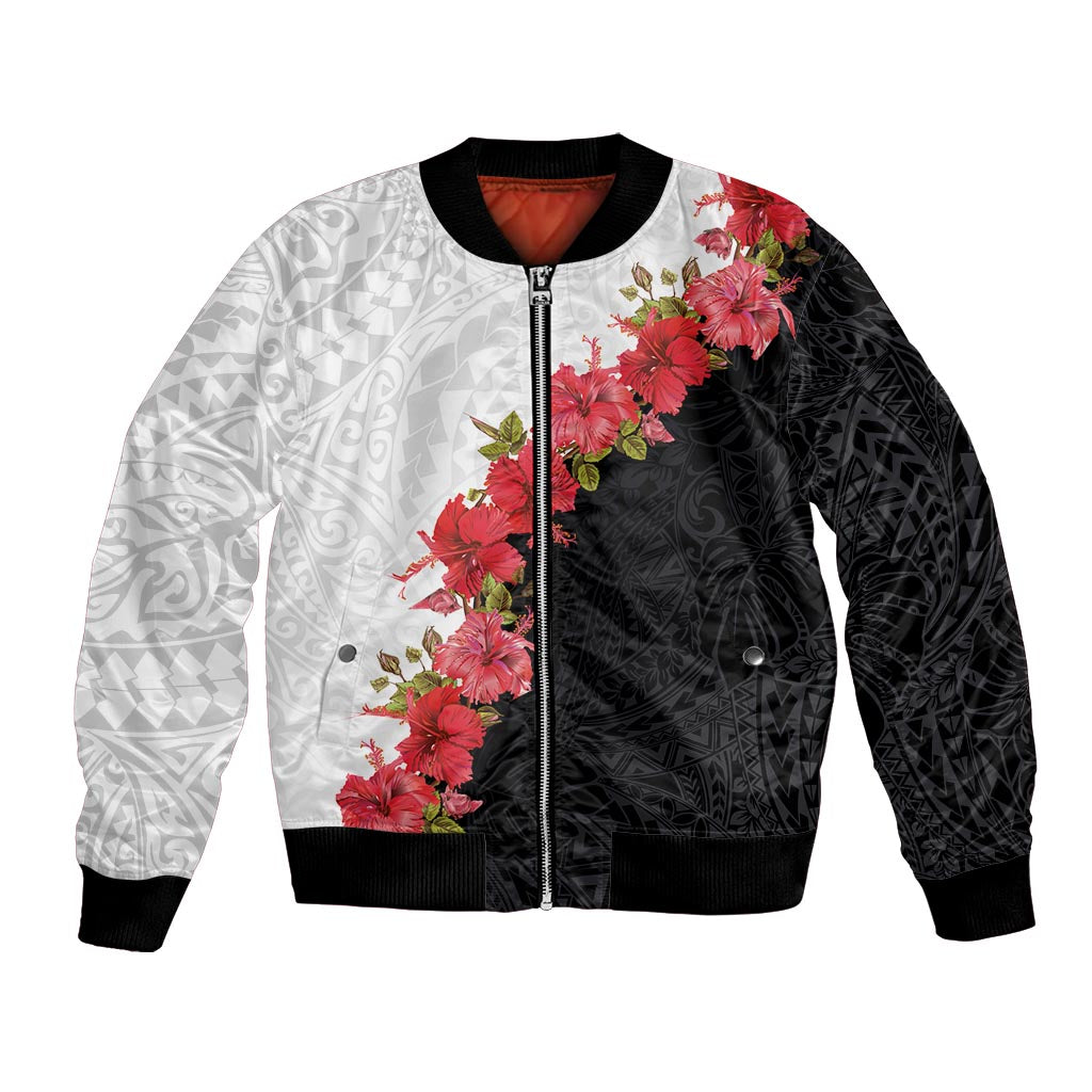 Hawaii Red Hibiscus Flowers Bomber Jacket Polynesian Pattern With Half Black White Version