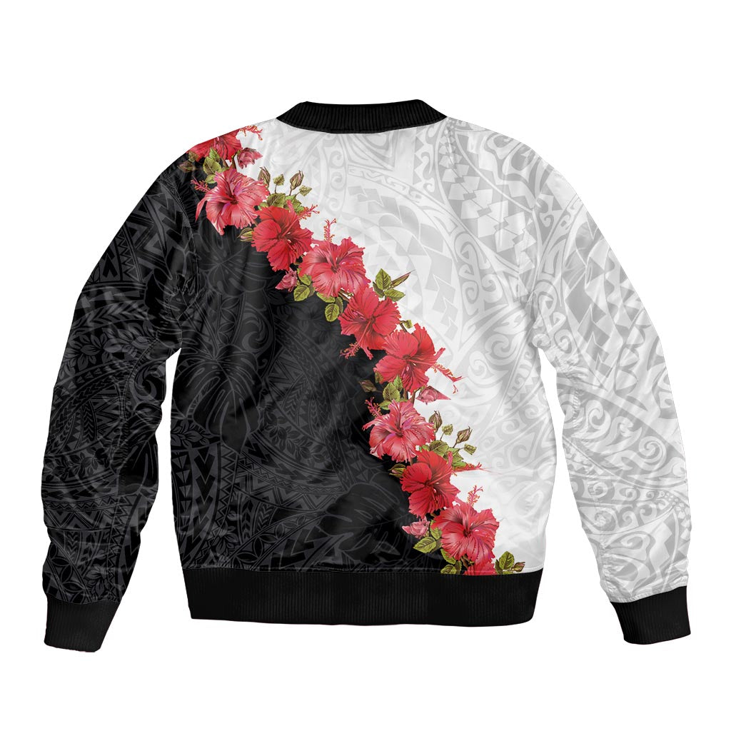 Hawaii Red Hibiscus Flowers Bomber Jacket Polynesian Pattern With Half Black White Version