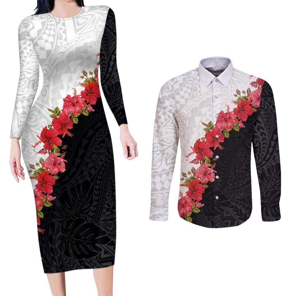 Hawaii Red Hibiscus Flowers Couples Matching Long Sleeve Bodycon Dress and Long Sleeve Button Shirt Polynesian Pattern With Half Black White Version