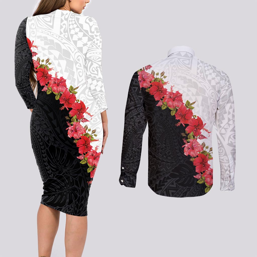 Hawaii Red Hibiscus Flowers Couples Matching Long Sleeve Bodycon Dress and Long Sleeve Button Shirt Polynesian Pattern With Half Black White Version