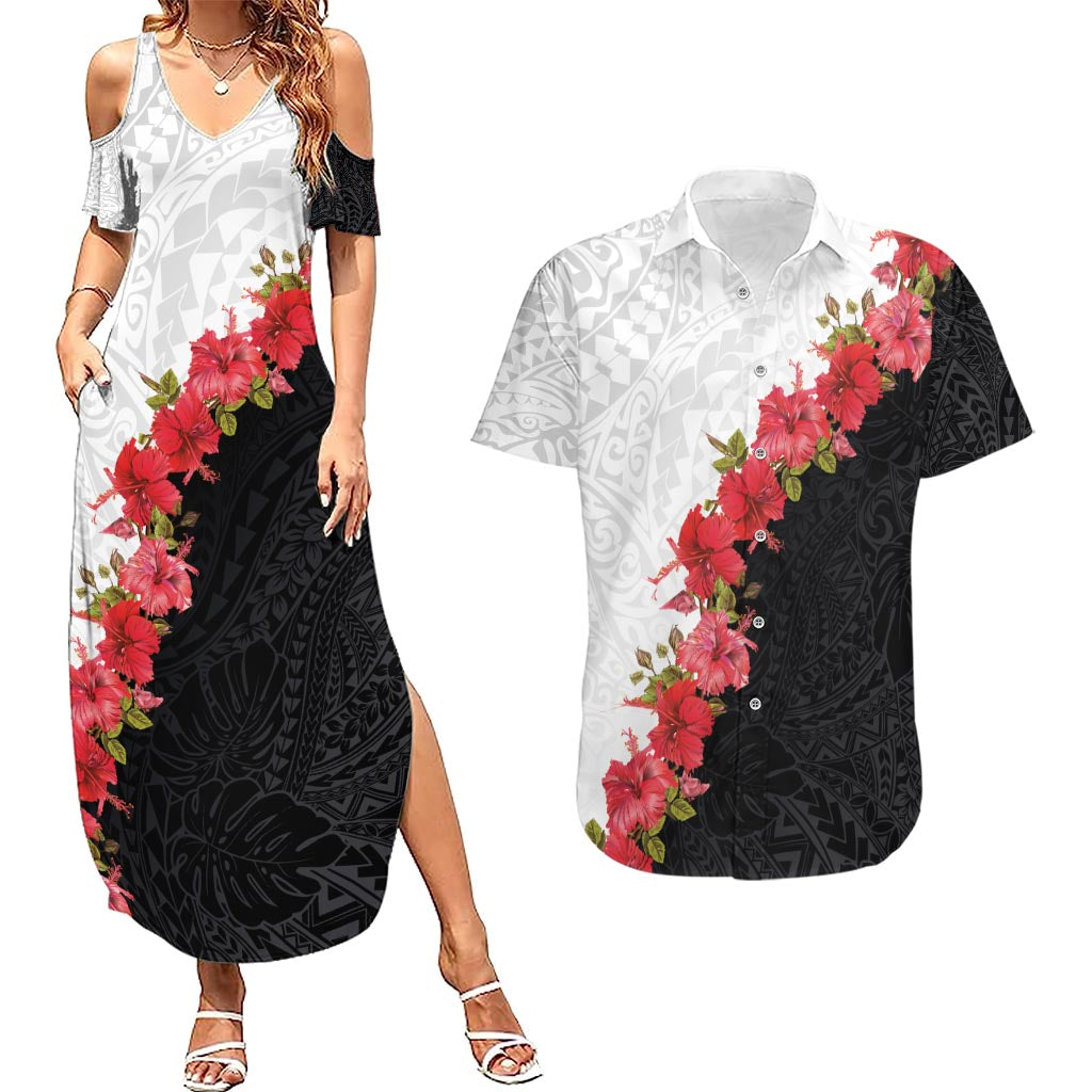 Hawaii Red Hibiscus Flowers Couples Matching Summer Maxi Dress and Hawaiian Shirt Polynesian Pattern With Half Black White Version