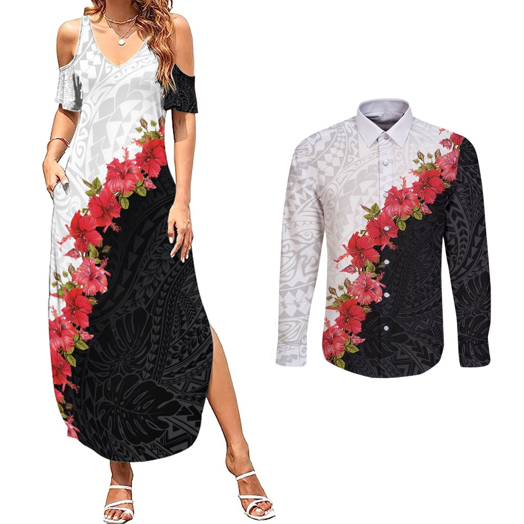 Hawaii Red Hibiscus Flowers Couples Matching Summer Maxi Dress and Long Sleeve Button Shirt Polynesian Pattern With Half Black White Version