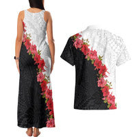 Hawaii Red Hibiscus Flowers Couples Matching Tank Maxi Dress and Hawaiian Shirt Polynesian Pattern With Half Black White Version