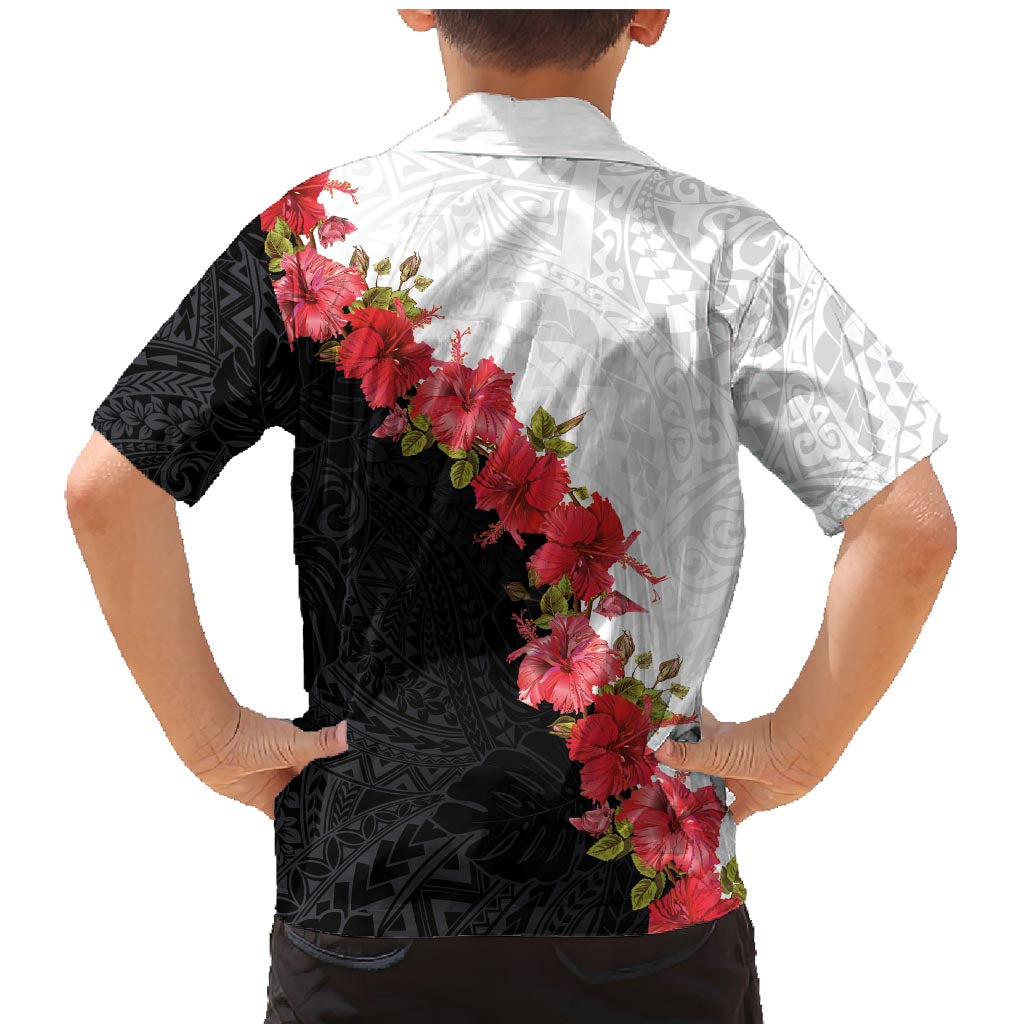 Hawaii Red Hibiscus Flowers Family Matching Mermaid Dress and Hawaiian Shirt Polynesian Pattern With Half Black White Version