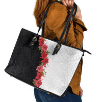 Hawaii Red Hibiscus Flowers Leather Tote Bag Polynesian Pattern With Half Black White Version