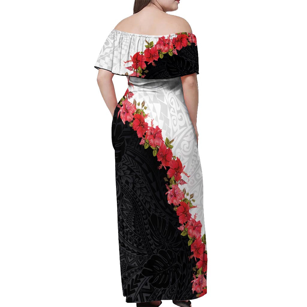 Hawaii Red Hibiscus Flowers Off Shoulder Maxi Dress Polynesian Pattern With Half Black White Version